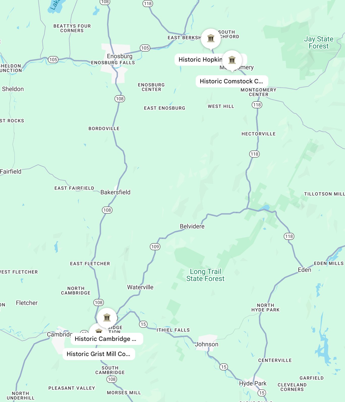 Map showing covered bridge locations in Montgomery, Vermont and surrounding area including Cambridge and Jeffersonville